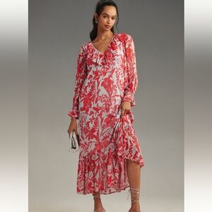 Anthropologie ❤️ Red and Blue Ruffled Maxi Dress